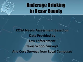 Underage Drinking
         in Bexar County


  COSA Needs Assessment Based on
          Data Provided by
          Law Enforcement
        Texas School Surveys
And Core Surveys from Local Campuses
 