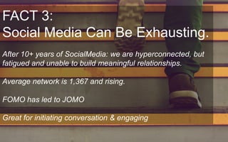 FACT 3:
Social Media Can Be Exhausting.
After 10+ years of SocialMedia: we are hyperconnected, but
fatigued and unable to build meaningful relationships.
Average network is 1,367 and rising.
FOMO has led to JOMO
Great for initiating conversation & engaging