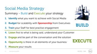 Social Media Strategy
Summary - Build and Execute your strategy
1. Identify what you want to achieve with Social Media
2. Budget for scalability with Sponsorship from Executives
3. Train your Staff for best practise engagement
                                                                  BUILD
4. Listen first to what is being said, understand your Customer
5. Engage and be part of the conversation and the solution
6. Opportunity is there in all elements of your business     EXECUTE
7. Measure your results
13   @stephenjatdell                                              © 2012 - Dell
 