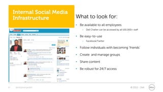 Internal Social Media
     Infrastructure          What to look for:
                             • Be available to all employees
                                 –   Dell Chatter can be accessed by all 100,000+ staff


                             • Be easy-to-use
                                 –   Facebook/Twitter


                             • Follow individuals with becoming ‘friends’

                             • Create and manage groups

                             • Share content

                             • Be robust for 24/7 access




19    @stephenjatdell                                                          © 2012 - Dell
 
