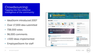 Crowdsourcing:
Tapping into the collective
intelligence of the community


• IdeaStorm introduced 2007
• Over 17,000 idea submitted
• 738,000 votes
• 96,000 comments
• +500 ideas implemented
• EmployeeStorm for staff

29   @stephenjatdell            © 2012 - Dell
 