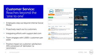 Customer Service:
      Reaches beyond the
      ‘one to one’
• Employees step out beyond internal Social
  Media

• Proactively reach out to customers

• Integrating efforts with support.dell.com

• Team engages with 1,000+ customers per
  week

• Positive impact on customer satisfaction:
  35% conversion of ‘demoters’ to
  ‘promoters’

 30    @stephenjatdell                        © 2012 - Dell
 