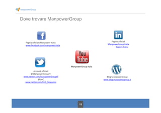 15
Dove trovare ManpowerGroup
Pagina ufficiale Manpower Italia
www.facebook.com/manpower.italia
Pagine ufficiali
ManpowerGroup Italia
Experis Italia
Account ufficiali
@ManpowerGroupIT:
www.twitter.com/ManpowerGroupIT
@LinC
www.twitter.com/LinC_Magazine
Blog ManpowerGroup
www.blog.manpowergroup.it
ManpowerGroup Italia
 