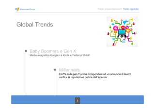 3
Titolo presentazione / Titolo capitolo
Global Trends
Baby Boomers e Gen X
Media anagrafica Google+ è 45-54 e Twitter è 55-64!
Millennials
Il 47% della gen Y prima di rispondere ad un annuncio di lavoro
verifica la reputazione on line dell’azienda
 