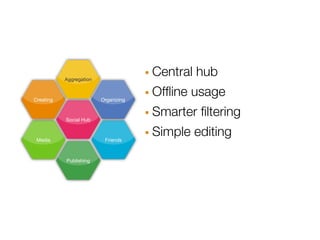 Aggregation                · Central hub
Creating                 Organizing   · Ofﬂine usage
           Social Hub                 · Smarter ﬁltering
 Media                    Friends     · Simple editing
           Publishing
 
