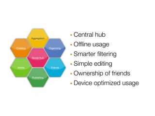 Aggregation                · Central hub
Creating                 Organizing   · Ofﬂine usage
           Social Hub                 · Smarter ﬁltering
 Media                    Friends     · Simple editing
                                      · Ownership of friends
                                      · Device optimized usage
           Publishing
 
