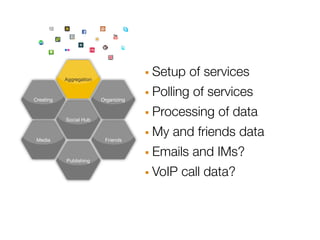 Aggregation                · Setup of services
Creating                 Organizing   · Polling of services
           Social Hub                 · Processing of data
 Media                    Friends     · My and friends data
                                      · Emails and IMs?
                                      · VoIP call data?
           Publishing
 