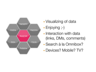 Aggregation                · Visualizing of data
Creating                 Organizing   · Enjoying ;-)
           Social Hub                 · Interaction with data
                                       (links, DMs, comments)
                                      · Search à la Omnibox?
 Media                    Friends




                                      · Devices? Mobile? TV?
           Publishing
 