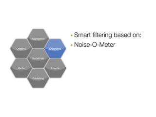 Aggregation                · Smart ﬁltering based on:
Creating                 Organizing   · Noise-O-Meter
           Social Hub



 Media                    Friends



           Publishing
 