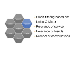 Aggregation                · Smart ﬁltering based on:
Creating                 Organizing   · Noise-O-Meter
           Social Hub                 · Relevance of service
 Media                    Friends     · Relevance of friends
           Publishing
                                      · Number of conversations
 