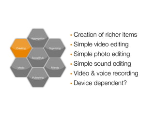 Aggregation                · Creation of richer items
Creating                 Organizing   · Simple video editing
           Social Hub                 · Simple photo editing
 Media                    Friends     · Simple sound editing
                                      · Video & voice recording
                                      · Device dependent?
           Publishing
 