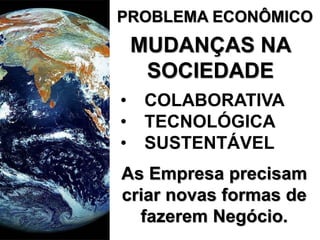 MUDANÇAS NA
SOCIEDADE
• COLABORATIVA
• TECNOLÓGICA
• SUSTENTÁVEL
As Empresa precisam
criar novas formas de
fazerem Negócio.
PROBLEMA ECONÔMICO
 