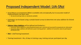 Proposed Independent Model: LVA-SRoI
• Social Return on Investment (SRoI) is available only conceptually, but no accurate model of
implementation has been seen
• No benchmarking index or standards available
• Estimation can be based using a sample based survey to determine net value addition for Shared
Value CSR
• Lifetime Value Addition will be defined and limited as :
• Economic Value addition as identified/estimated over a period and assumed for perpetuity (or otherwise)
• Economic Value addition will defined as post training period – addition of economic value to participant,
attributed fully
• SRoI = LVA/Training Investment
• Training Investment = No. of days in training x avg. training cost per participant per day
 