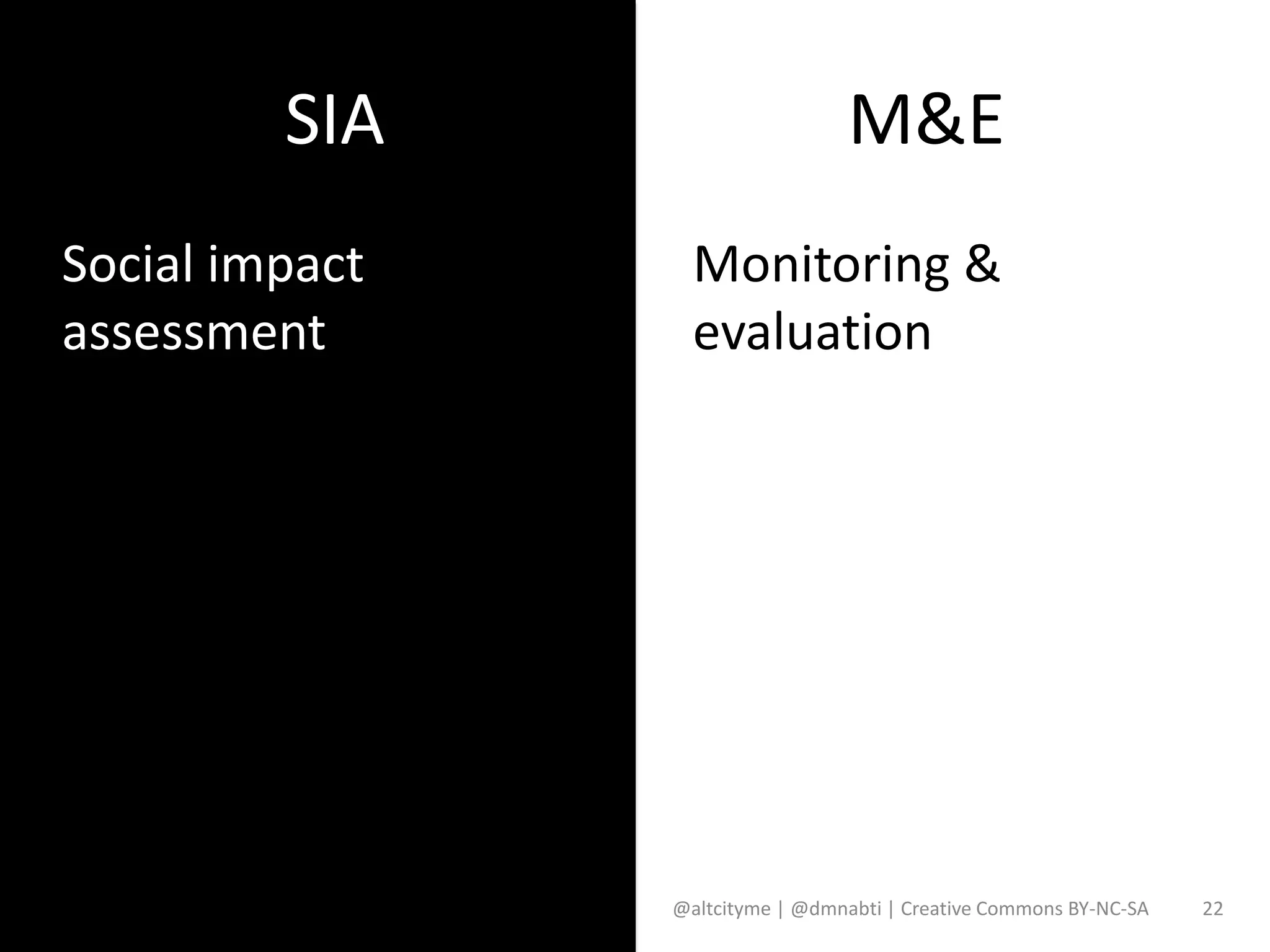 SIA                      M&E
Social impact     Monitoring &
assessment        evaluation




                @altcityme | @dmnabti | Creative Commons BY-NC-SA   22
 