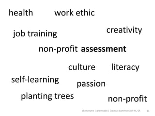 health      work ethic

 job training                            creativity
         non-profit assessment
                culture                      literacy
self-learning       passion
   planting trees                         non-profit
                     @altcityme | @dmnabti | Creative Commons BY-NC-SA   11
 
