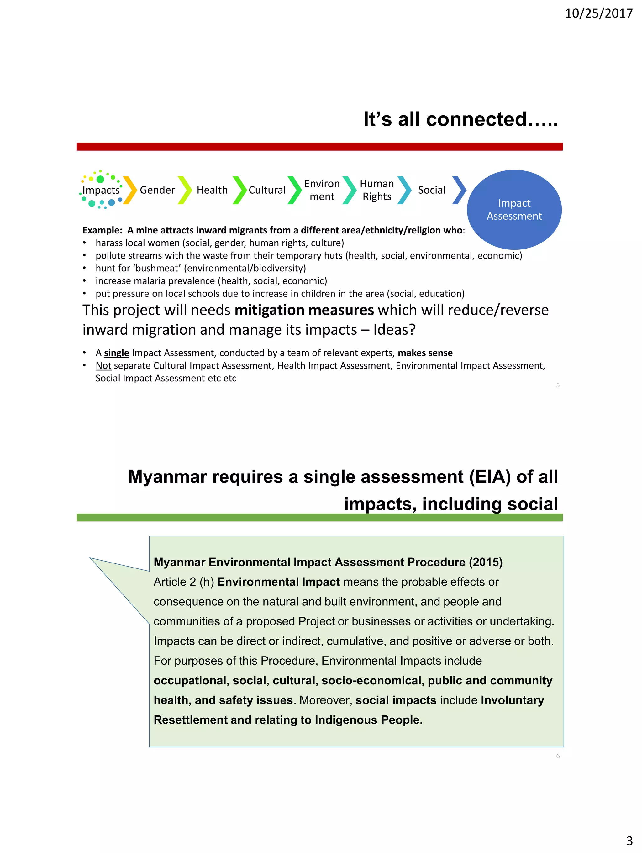 10/25/2017
3
It’s all connected…..
5
Impacts Gender Health Cultural
Environ
ment
Human
Rights
Social
Impact
Assessment
• A single Impact Assessment, conducted by a team of relevant experts, makes sense
• Not separate Cultural Impact Assessment, Health Impact Assessment, Environmental Impact Assessment,
Social Impact Assessment etc etc
Example: A mine attracts inward migrants from a different area/ethnicity/religion who:
• harass local women (social, gender, human rights, culture)
• pollute streams with the waste from their temporary huts (health, social, environmental, economic)
• hunt for ‘bushmeat’ (environmental/biodiversity)
• increase malaria prevalence (health, social, economic)
• put pressure on local schools due to increase in children in the area (social, education)
This project will needs mitigation measures which will reduce/reverse
inward migration and manage its impacts – Ideas?
Myanmar requires a single assessment (EIA) of all
impacts, including social
6
Myanmar Environmental Impact Assessment Procedure (2015)
Article 2 (h) Environmental Impact means the probable effects or
consequence on the natural and built environment, and people and
communities of a proposed Project or businesses or activities or undertaking.
Impacts can be direct or indirect, cumulative, and positive or adverse or both.
For purposes of this Procedure, Environmental Impacts include
occupational, social, cultural, socio-economical, public and community
health, and safety issues. Moreover, social impacts include Involuntary
Resettlement and relating to Indigenous People.
 