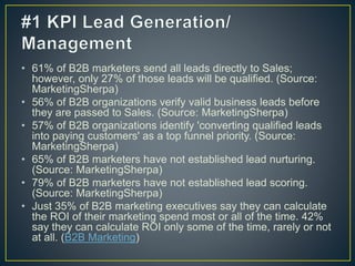 • 61% of B2B marketers send all leads directly to Sales; 
however, only 27% of those leads will be qualified. (Source: 
MarketingSherpa) 
• 56% of B2B organizations verify valid business leads before 
they are passed to Sales. (Source: MarketingSherpa) 
• 57% of B2B organizations identify 'converting qualified leads 
into paying customers' as a top funnel priority. (Source: 
MarketingSherpa) 
• 65% of B2B marketers have not established lead nurturing. 
(Source: MarketingSherpa) 
• 79% of B2B marketers have not established lead scoring. 
(Source: MarketingSherpa) 
• Just 35% of B2B marketing executives say they can calculate 
the ROI of their marketing spend most or all of the time. 42% 
say they can calculate ROI only some of the time, rarely or not 
at all. (B2B Marketing) 
 
