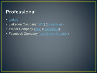 • Linked 
• Linked-in Company (WK) (LexisNexis) 
• Twitter Company (WK) (LexisNexis) 
• Facebook Company (LexisNexis Canada) 
 