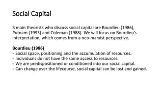 Social Capital
3 main theorists who discuss social capital are Bourdieu (1986),
Putnam (1993) and Coleman (1988). We will focus on Bourdieu’s
interpretation, which comes from a neo-marxist perspective.
Bourdieu (1986)
- Social space, positioning and the accumulation of resources.
- Individuals do not have the same access to resources.
- We are predispositioned or conditioned into our social capital.
- Can change over the lifecourse, social capital can be lost and gained.
 