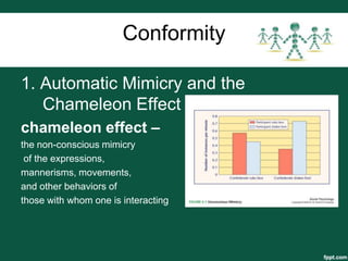 Conformity

1. Automatic Mimicry and the
   Chameleon Effect
chameleon effect –
the non-conscious mimicry
 of the expressions,
mannerisms, movements,
and other behaviors of
those with whom one is interacting
 