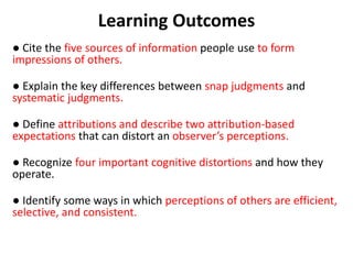 Learning Outcomes
● Cite the five sources of information people use to form
impressions of others.
● Explain the key differences between snap judgments and
systematic judgments.
● Define attributions and describe two attribution-based
expectations that can distort an observer’s perceptions.
● Recognize four important cognitive distortions and how they
operate.
● Identify some ways in which perceptions of others are efficient,
selective, and consistent.
 