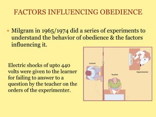 FACTORS INFLUENCING OBEDIENCE
 Milgram in 1965/1974 did a series of experiments to
understand the behavior of obedience & the factors
influencing it.
Electric shocks of upto 440
volts were given to the learner
for failing to answer to a
question by the teacher on the
orders of the experimenter.
 