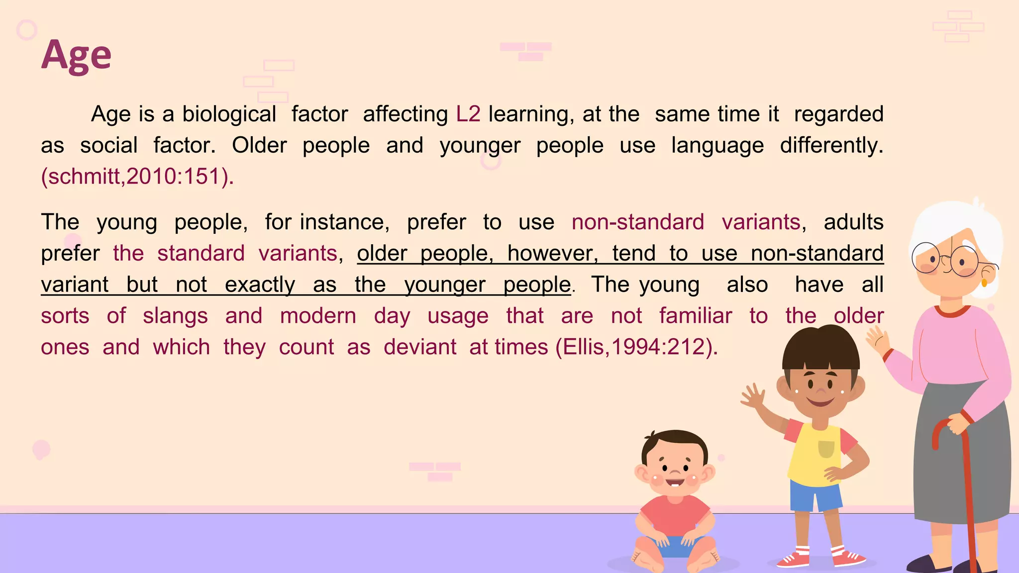 Age
Age is a biological factor affecting L2 learning, at the same time it regarded
as social factor. Older people and younger people use language differently.
(schmitt,2010:151).
The young people, for instance, prefer to use non-standard variants, adults
prefer the standard variants, older people, however, tend to use non-standard
variant but not exactly as the younger people. The young also have all
sorts of slangs and modern day usage that are not familiar to the older
ones and which they count as deviant at times (Ellis,1994:212).
 
