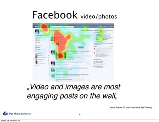 Facebook        video/photos




                          „Video and images are most
                          engaging posts on the wall„
                                                          sorce: Raport K2. user Experience Eye Tracking

          Mgr Michał Laskowski              16

piątek, 18 listopada 11
 