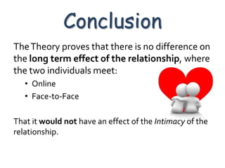 Conclusion
The Theory proves that there is no difference on
the long term effect of the relationship, where
the two individuals meet:
   • Online
   • Face-to-Face

That it would not have an effect of the Intimacy of the
relationship.
 