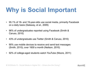 Why is Social Important
• 95.1% of 18- and 19-year-olds use social media, primarily Facebook
  on a daily basis (Salaway, et al., 2009)

• 96% of undergraduates reported using Facebook (Smith &
  Caruso, 2010)

• 43% of undergraduate use Twitter (Smith & Caruso, 2010)

• 90% use mobile devices to receive and send text messages
  (Smith, 2010), over 1600 a month (Neilson, 2010)

• 92% of college-aged students watch YouTube (Moore, 2011)




5 SXSWedu13 - Social Media in Higher Ed – Where Are We Going?     #smHE
 