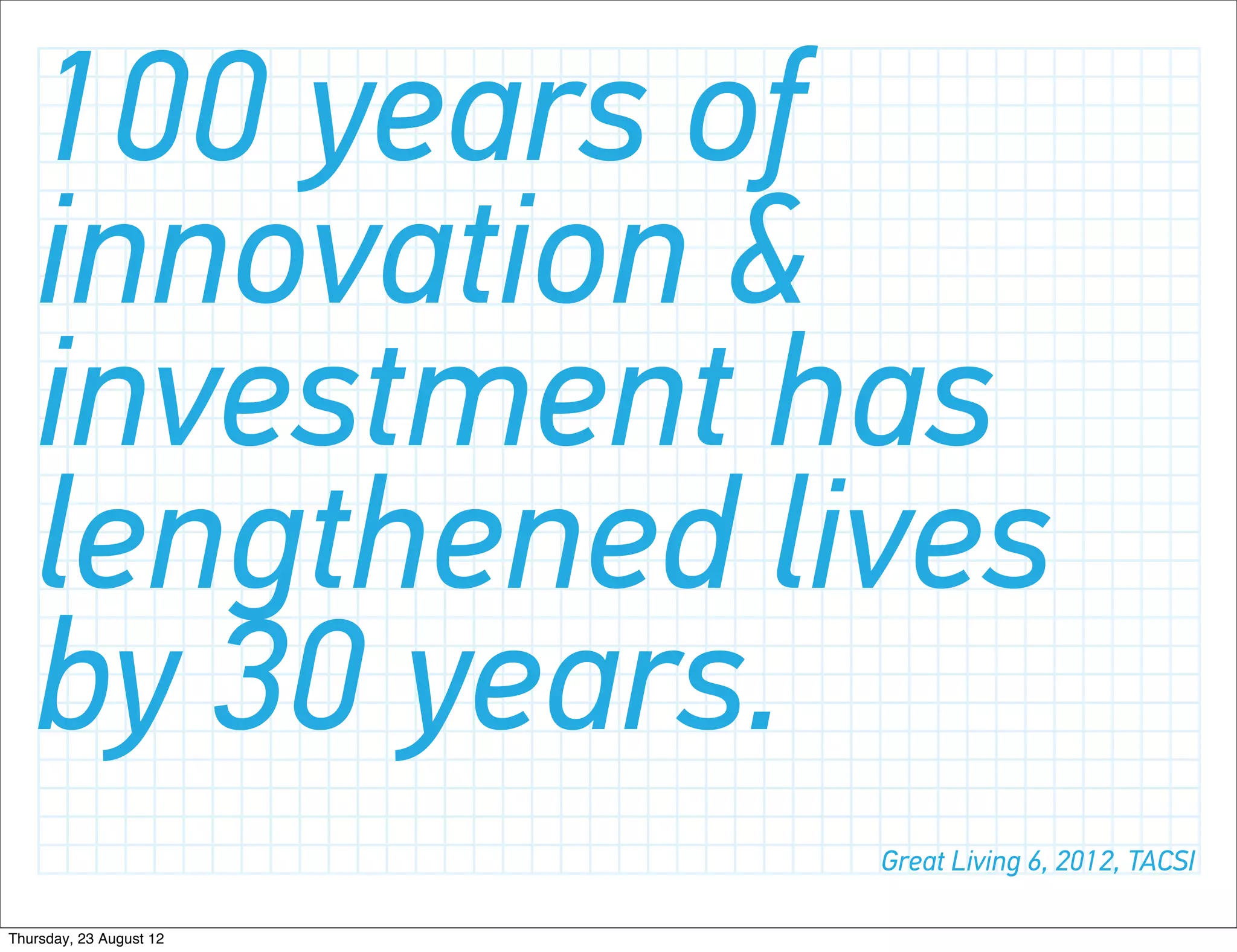 100 years of
   innovation &
   investment has
   lengthened lives
   by 30 years.
                         Great Living 6, 2012, TACSI

Thursday, 23 August 12
 