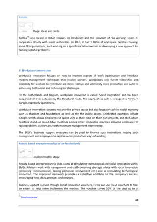 44
Eutokia
Stage: ideas and pilots
Eutokia75
also based in Bilbao focuses on incubation and the provision of ‘Co-working’ space. It
cooperates closely with public authorities. In 2010, it had 1,200m of workspace facilities housing
some 18 organisations, each working on a specific social innovation or developing a new approach to
tackling societal problems.
8. Workplace innovation
Workplace Innovation focuses on how to improve aspects of work organisation and introduce
modern management techniques that involve workers. Workplaces with flatter hierarchies and
possibility for workers to contribute are more creative and ultimately more productive and open to
addressing both social and technological challenges.
In the Netherlands and Belgium, workplace innovation is called ‘Social Innovation’ and has been
supported for over a decade by the Structural Funds. The approach as such is strongest in Northern
Europe, especially Scandinavia.
Workplace innovation concerns not only the private sector but also large parts of the social economy
such as charities and foundations as well as the the public sector. Celebrated examples include
Google, which allows employees to spend 20% of their time on their own projects, and IKEA which
practices stand-up round-table meetings among other innovative practices allowing employees to
tackle problems as they arise with minimum management interference.
The ERDF’s business support measures can be used to finance such innovations helping both
management and employees to explore more productive ways of working.
Results based entrepreneurship in the Netherlands
Implementation stage
Results Based Entrepreneurship (RBE) aims at stimulating technological and social innovation within
SMEs. Advisors work with management and staff combining strategic advice with social innovation
(improving communication, raising personnel involvement etc.) and so stimulating technological
innovation. The improved teamwork promotes a collective ambition for the company’s success
encouraging new ideas, products and services.
Business support is given through Social Innovation vouchers. Firms can use these vouchers to hire
an expert to help them implement the method. The voucher covers 50% of the cost up to a
75
http://eutokia.org/
 
