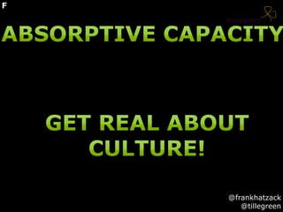 New competencies
SCOPE
MOBILIZE
IDEATE
SCREEN
INCUBATE
PITCH
ANCHOR
Pre-exisiting competencies
COMPANY CULTURE
PERMISSIVE TO INNOVATION
@frankhatzack
@tillegreen
F
 