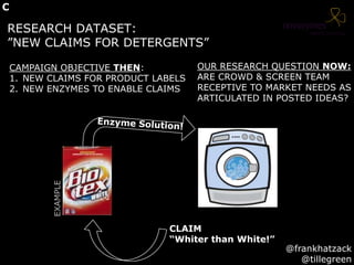RESEARCH DATASET:
”NEW CLAIMS FOR DETERGENTS”
CLAIM
“Whiter than White!”
EXAMPLE
@frankhatzack
@tillegreen
C
CAMPAIGN OBJECTIVE THEN:
1. NEW CLAIMS FOR PRODUCT LABELS
2. NEW ENZYMES TO ENABLE CLAIMS
OUR RESEARCH QUESTION NOW:
ARE CROWD & SCREEN TEAM
RECEPTIVE TO MARKET NEEDS AS
ARTICULATED IN POSTED IDEAS?
 