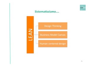 Sistema+zziamo… 
25 
LEAN 
Design 
Thinking 
Business 
Model 
Canvas 
Human 
centered 
design 
 