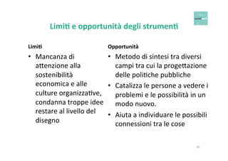 Limi+ 
e 
opportunità 
degli 
strumen+ 
Limi+ 
• Mancanza 
di 
a6enzione 
alla 
sostenibilità 
economica 
e 
alle 
culture 
organizzaOve, 
condanna 
troppe 
idee 
restare 
al 
livello 
del 
disegno 
Opportunità 
• Metodo 
di 
sintesi 
tra 
diversi 
campi 
tra 
cui 
la 
proge6azione 
delle 
poliOche 
pubbliche 
• Catalizza 
le 
persone 
a 
vedere 
i 
problemi 
e 
le 
possibilità 
in 
un 
modo 
nuovo. 
• Aiuta 
a 
individuare 
le 
possibili 
connessioni 
tra 
le 
cose 
35 
 