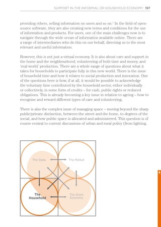 SUPPORT IN THE INFORMAL OR HOUSEHOLD ECONOMY 197
providing others, selling information on users and so on.1
In the field of open-
source software, they are also creating new terms and conditions for the use
of information and products. For users, one of the main challenges now is to
navigate through the wide ocean of information available online. There are
a range of intermediaries who do this on our behalf, directing us to the most
relevant and useful information.
However, this is not just a virtual economy. It is also about care and support in
the home and the neighbourhood, volunteering of both time and money, and
‘real world’ production. There are a whole range of questions about what it
takes for households to participate fully in this new world. There is the issue
of household time and how it relates to social production and innovation. One
of the questions here is how, if at all, it would be possible to acknowledge
the voluntary time contributed by the household sector, either individually
or collectively, in some form of credits – for cash, public rights or reduced
obligations. This is already becoming a key issue in relation to ageing – how to
recognise and reward different types of care and volunteering.
There is also the complex issue of managing space – moving beyond the sharp
public/private distinction, between the street and the home, to degrees of the
social, and how public space is allocated and administered. This question is of
course central to current discussions of urban and rural policy (from lighting,
The State The Market
The
Household
The Grant
Economy
TTThehehe StatStatStateee TThehe MaMarrkekett
TTThehehe GGGrantrantrant
EEEconoconoconommmyyy
4
 