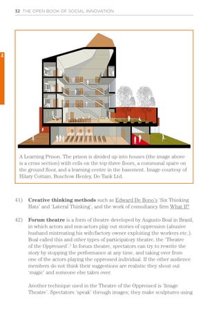 32 THE OPEN BOOK OF SOCIAL INNOVATION
41)	 Creative thinking methods such as Edward De Bono’s ‘Six Thinking
Hats’ and ‘Lateral Thinking’, and the work of consultancy firm What If?
42)	 Forum theatre is a form of theatre developed by Augusto Boal in Brazil,
in which actors and non-actors play out stories of oppression (abusive
husband mistreating his wife/factory owner exploiting the workers etc.).
Boal called this and other types of participatory theatre, the ‘Theatre
of the Oppressed’.2
In forum theatre, spectators can try to rewrite the
story by stopping the performance at any time, and taking over from
one of the actors playing the oppressed individual. If the other audience
members do not think their suggestions are realistic they shout out
‘magic’ and someone else takes over.
Another technique used in the Theatre of the Oppressed is ‘Image
Theatre’. Spectators ‘speak’ through images; they make sculptures using
A Learning Prison. The prison is divided up into houses (the image above
is a cross section) with cells on the top three floors, a communal space on
the ground floor, and a learning centre in the basement. Image courtesy of
Hilary Cottam, Buschow Henley, Do Tank Ltd.
2
 