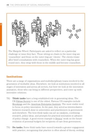 48 THE OPEN BOOK OF SOCIAL INNOVATION
Institutions
There are a range of organisations and multidisciplinary teams involved in the
generation of workable ideas. Elsewhere, we look at institutions involved in all
stages of innovation and across all sectors, but here we look at the innovation
animators, those who can bring in different perspectives, and come up with
innovative solutions.
78)	 Think tanks have a long established role in generating ideas. The
UK Fabian Society is one of the oldest. Famous US examples include
Brookings and the American Enterprise Institute. The most visible tend
to focus on policy innovation. In the past, they acted as intermediaries
between research done in universities and practitioners in government
and elsewhere. The best think tanks can act as catalysts, combining
research, policy ideas, and prompts for practical innovation in advance
of policy change. A good recent example is Demos’ work on the future
evolution of personal budgets for recipients of care from government.
79)	 Do tanks. Some think tanks have moved towards a greater engagement
with practice, recognising that practice is often ahead of theory, seeking
The Margolis Wheel. Participants are asked to reflect on a particular
challenge or issue they face. Those sitting on chairs in the inner ring are
‘counsellors’ and those on the outer ring are ‘clients’. The clients rotate
after brief consultations with counsellors. When the outer ring has gone
round once, they swap with those in the middle and become counsellors.
2
 