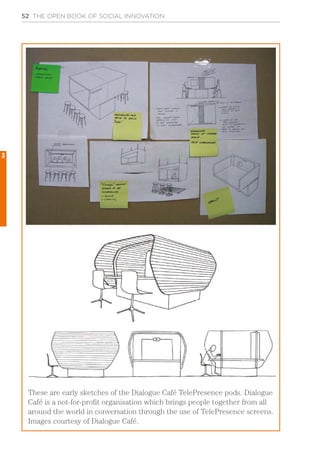 52 THE OPEN BOOK OF SOCIAL INNOVATION
These are early sketches of the Dialogue Café TelePresence pods. Dialogue
Café is a not-for-profit organisation which brings people together from all
around the world in conversation through the use of TelePresence screens.
Images courtesy of Dialogue Café.
3
 