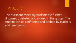 PHASE IV :
The questions raised by students are further
discussed , debated and argued in the group . The
student can be confronted and probed by teachers
and peer group .
 