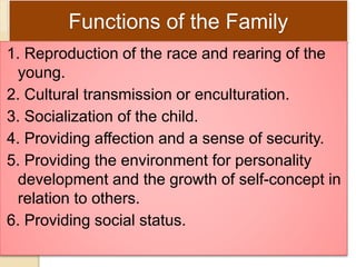 Functions of the Family
1. Reproduction of the race and rearing of the
young.
2. Cultural transmission or enculturation.
3. Socialization of the child.
4. Providing affection and a sense of security.
5. Providing the environment for personality
development and the growth of self-concept in
relation to others.
6. Providing social status.
 