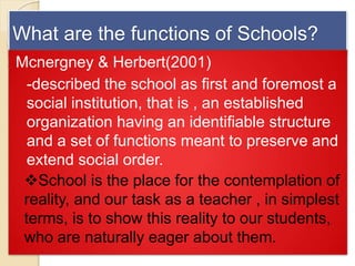 What are the functions of Schools?
Mcnergney & Herbert(2001)
-described the school as first and foremost a
social institution, that is , an established
organization having an identifiable structure
and a set of functions meant to preserve and
extend social order.
School is the place for the contemplation of
reality, and our task as a teacher , in simplest
terms, is to show this reality to our students,
who are naturally eager about them.
 