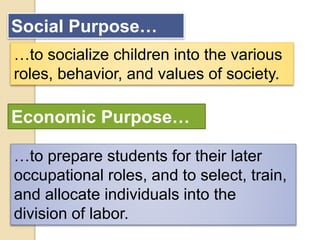 Social Purpose…
…to socialize children into the various
roles, behavior, and values of society.
Economic Purpose…
…to prepare students for their later
occupational roles, and to select, train,
and allocate individuals into the
division of labor.
 