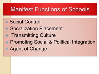 Manifest Functions of Schools
 Social Control
 Socialization Placement
 Transmitting Culture
 Promoting Social & Political Integration
 Agent of Change
 