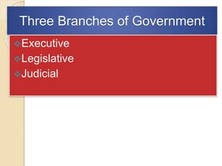 Three Branches of Government
Executive
Legislative
Judicial
 