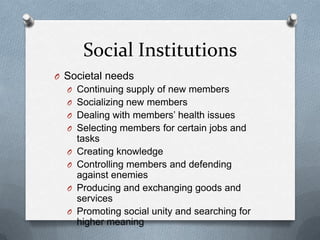 Social InstitutionsSocietal needsContinuing supply of new membersSocializing new membersDealing with members’ health issuesSelecting members for certain jobs and tasksCreating knowledgeControlling members and defending against enemiesProducing and exchanging goods and servicesPromoting social unity and searching for higher meaning