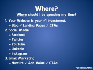 Where?
Where should I be spending my time?
!
1. Your Website is your #1 investment.
• Blog / Landing Pages / CTAs
2. Social Media
• Facebook
• Twitter
• YouTube
• LinkedIn
• Instagram
3. Email Marketing
• Nurture / Add Value / CTAs
 