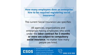  Payroll & HR Outsourcing
 Personal Income Tax Settlement
 Foreign Employee Administration
 Public Administration Services 0902 818 998
How many employees does an enterprise
hire to be required registering social
insurance?
The current Social Insurance Law specifies:
All agencies, organizations and
enterprises having employees who work
under the labor contract for 3 months
or more are subject to compulsory
social insurance, no matter how many
people are hired.
 