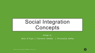 Social Integration
Concepts
Group 6:
Anis A’liya | Florence Sendie | Priscella Sofea
1
 